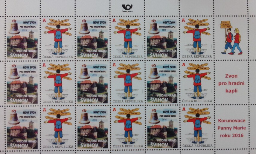 Odlévání zvonu - hrad Švihov - 2016 - Výroční poštovní známky v pokladně hradu